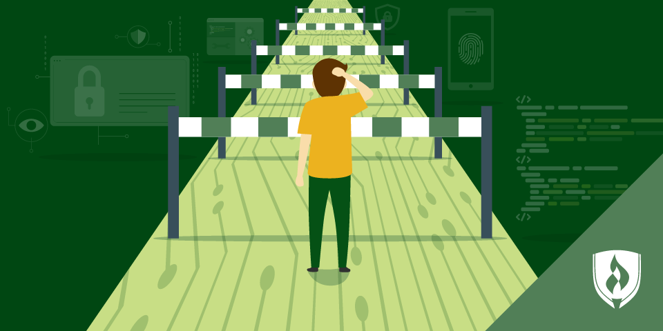 illustration of a cyber security professional walking down a road with road blocks representing is cyber security hard