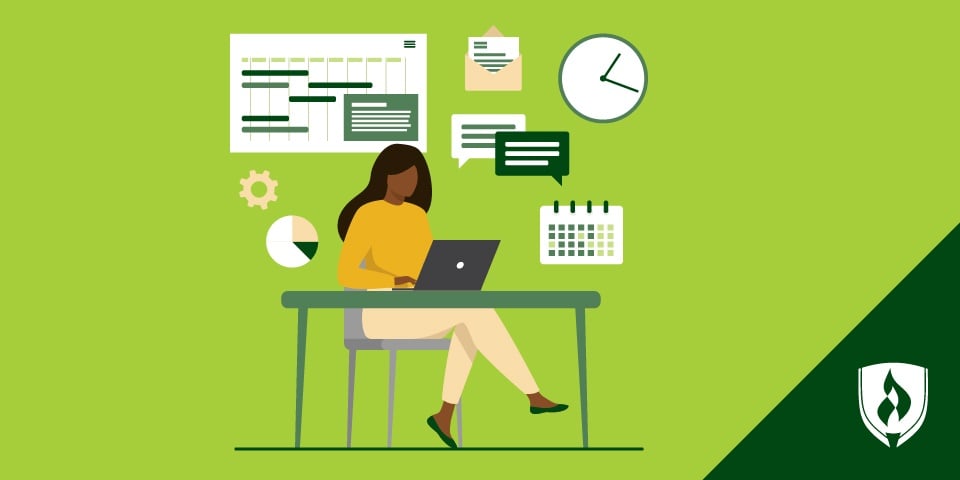 illustration of a project management working at a desk with calendars and chats behind her representing what does a project manager do