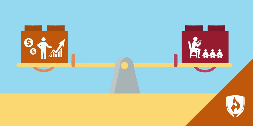 illustration of a seesaw with an icon representing private preschool on one side and public preschool on the other