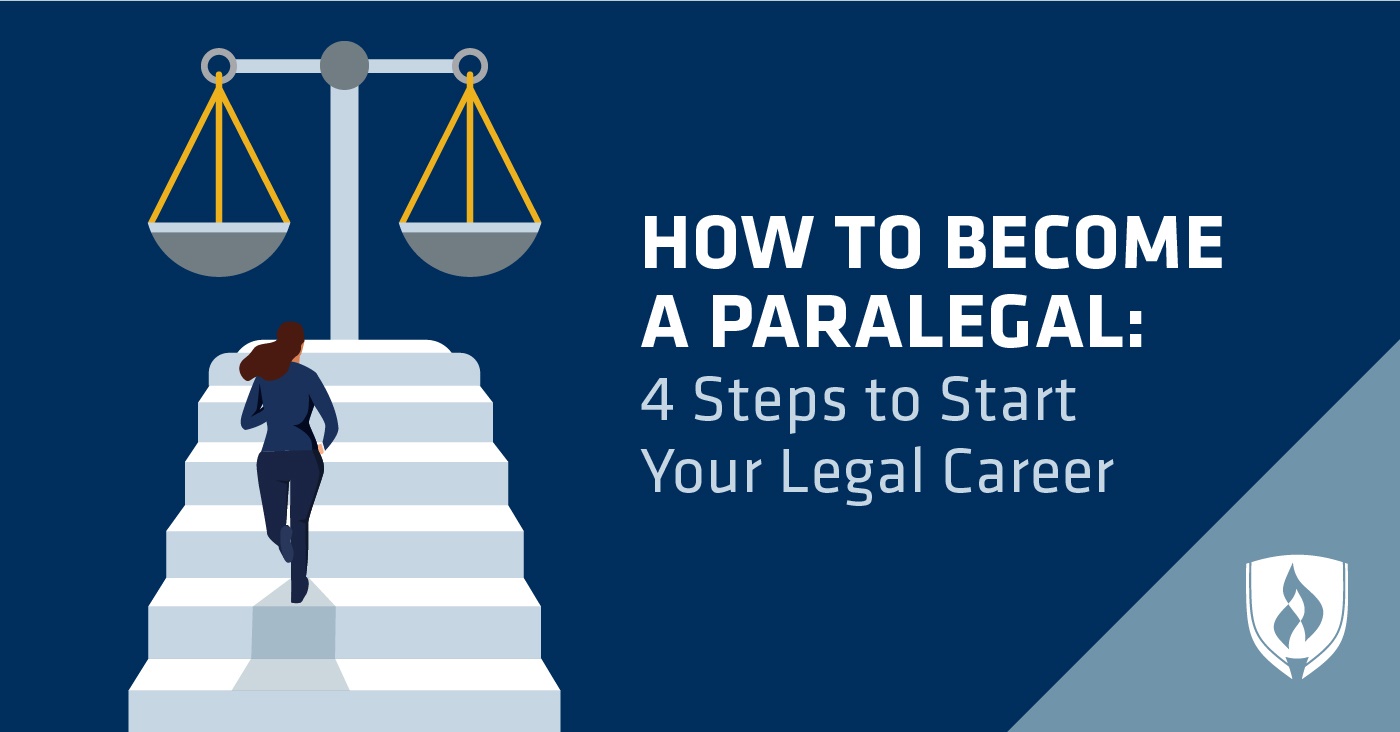 illustration of a paralegal climbing steps up to the scales of justice