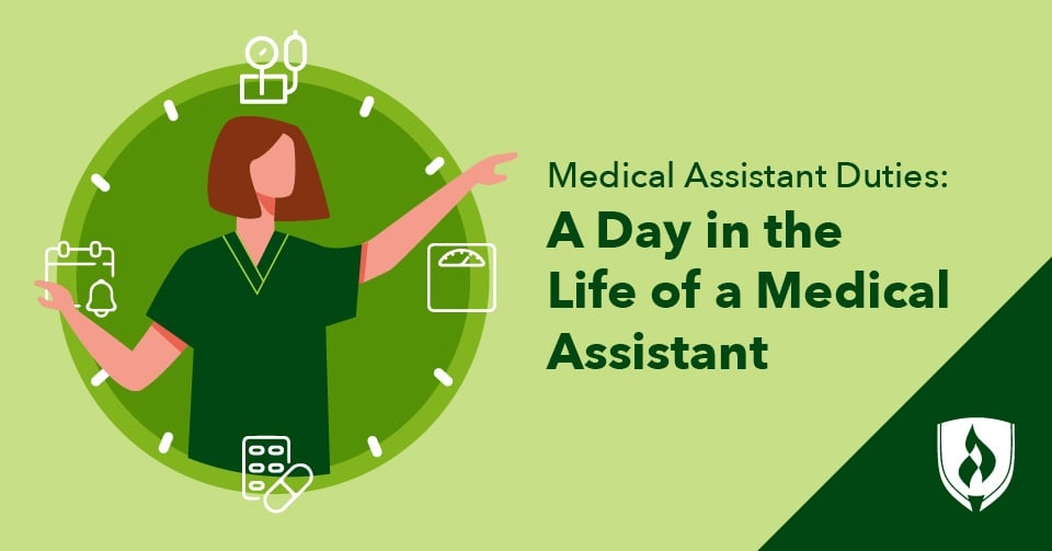 illustration of a medical assistant with arms outstretched on a clock and different icons at different times representing a day in the life of a medical assistant and medical assistant duties