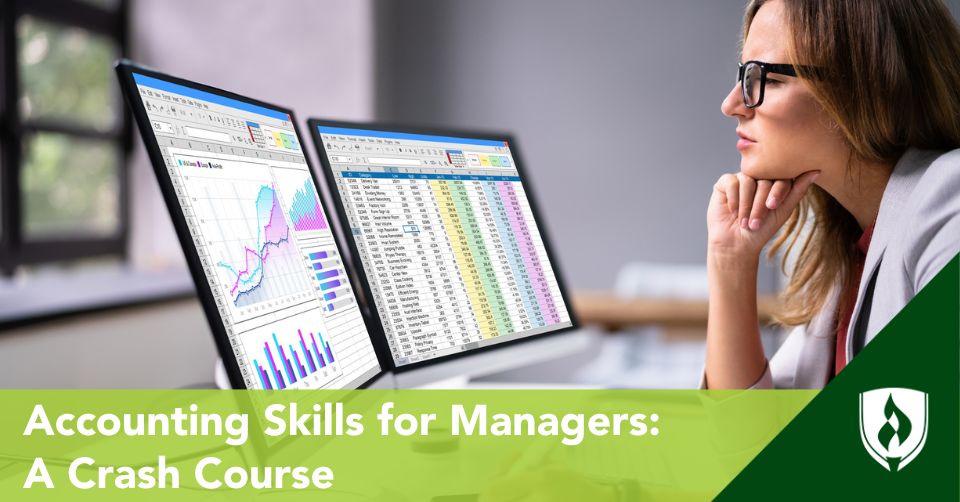 Accounting skills for managers header A manager looks over spreadsheets