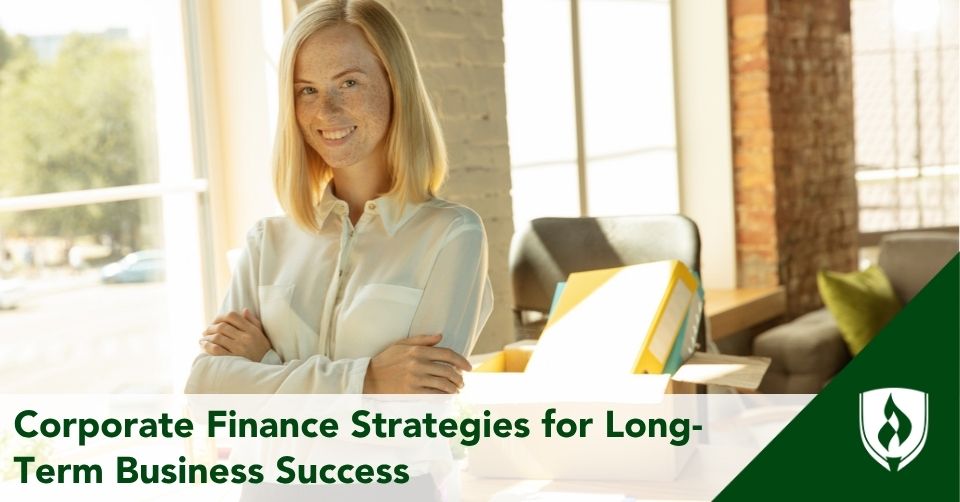 Corporate finance strategies header A corporate finance consultant folds her arms in front of a sunny office