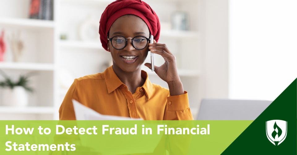 detect fraud header A business professional looks through a document for financial fraud