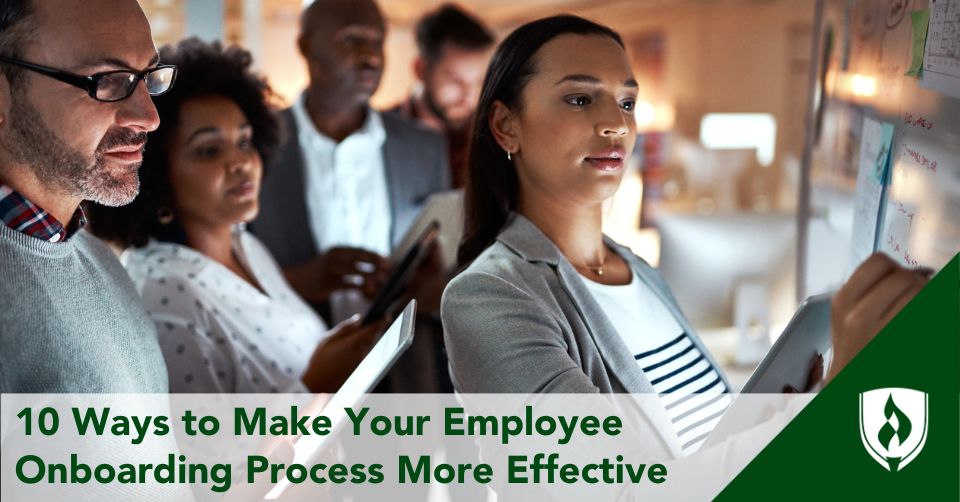 onboarding header An HR specialist walks new hires through a process using a whiteboard