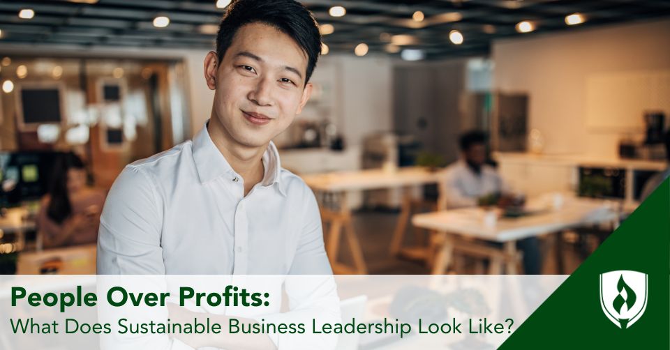 sustainable business leadership header A good business leader at the workplace
