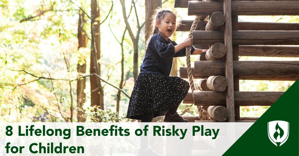 benefits of risky play header A child climbs up a log structure