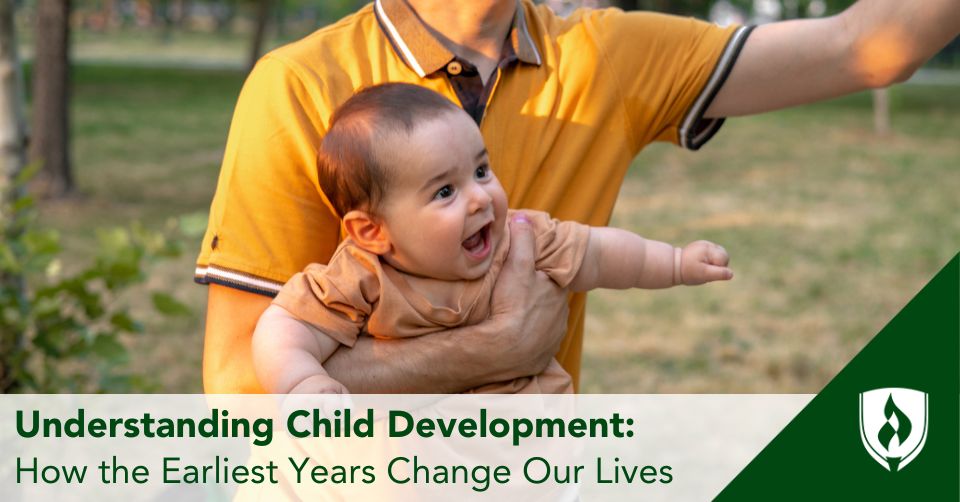 Child development header A parent in a yellow shirt plays with his infant in the park