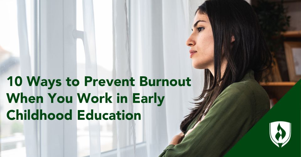 ECE burnout header An ECE teacher looks out her window with a tired expression