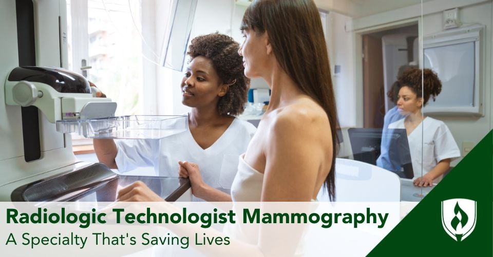 A rad tech helps a patient get a mammogram