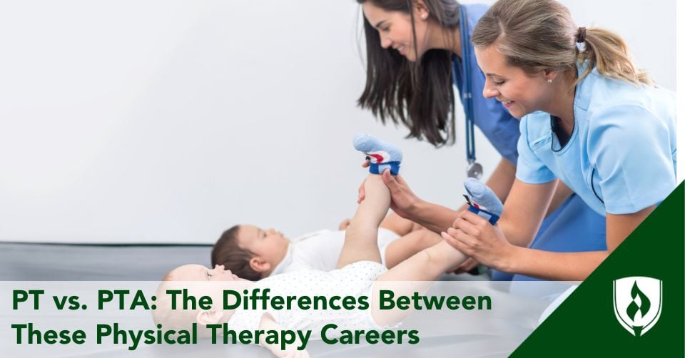 A PT and PTA work with babies in therapy