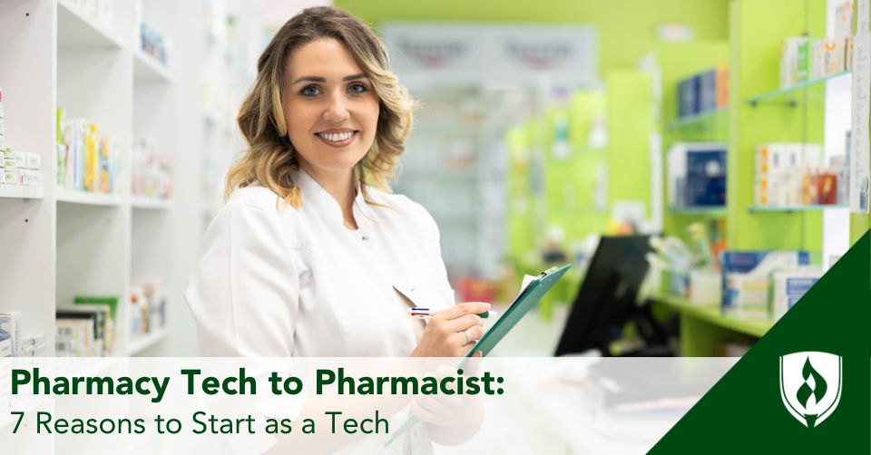 pharmacy tech to pharmacist header A pharmacy tech smiles at the camera