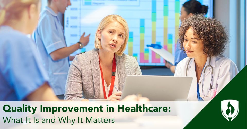 Quality improvement in healthcare header A quality improvement team discusses initiatives for their hospital