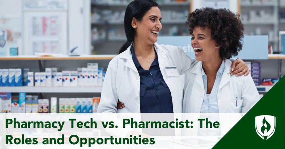 pharm tech vs pharmacist header A Pharmacist and pharm tech laugh on the job
