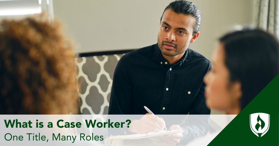 case worker header A caseworker sits with two clients, recording information on a clipboard
