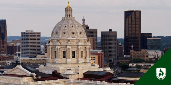 The Minnesota state Capitol and Saint Paul city skyline behind the headline \"Prepare for the law enforcement exam\"