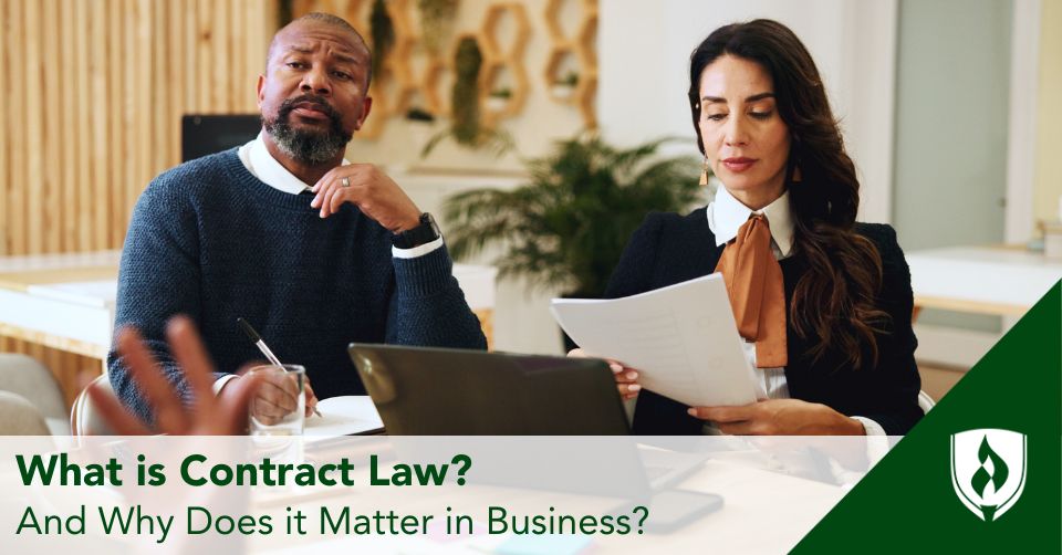 contract law header Two corporate lawyers meet with a stakeholder