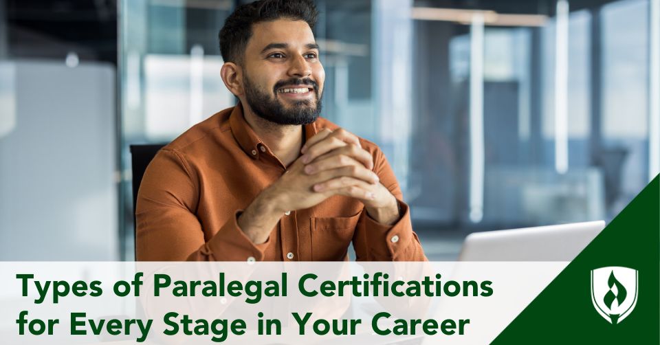 types of paralegal certifications header A paralegal sits at his desk smiling and pursuing certification