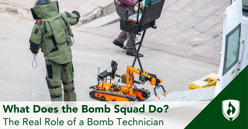 bomb technician header A bomb technician in full protective gear works with a bomb robot