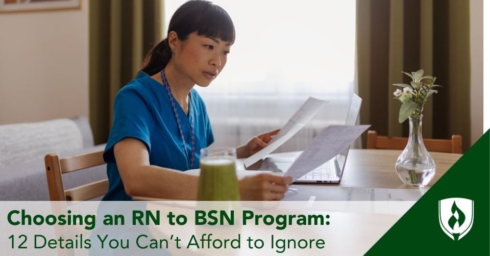 A nurse sits at her computer at home comparing RN to BSN programs