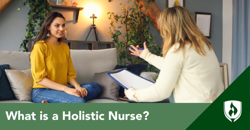 A holistic nurse meets with a patient in a room with greenery