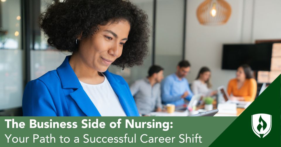 business side of nursing header A nurse in a blue blazer goes into a meeting
