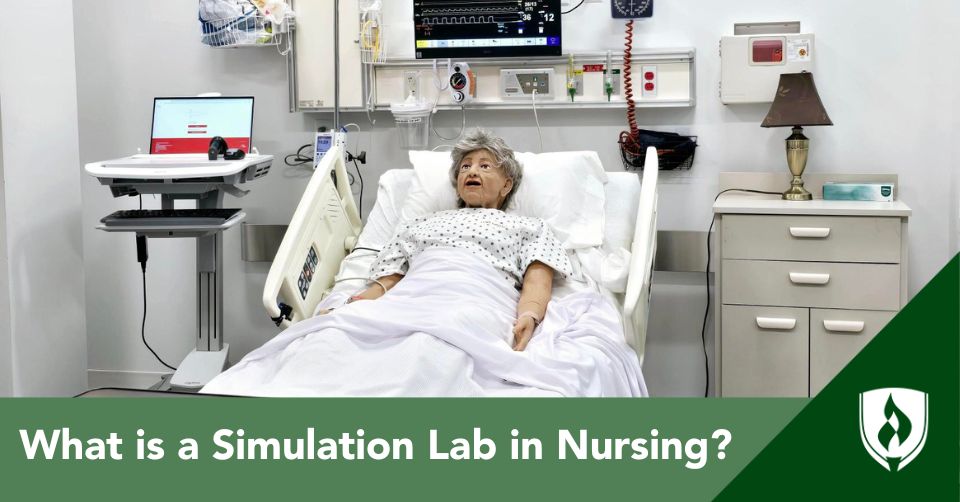 Rasmussen simulation lab header Nursing simulation lab at Rasmussen University shows a mannequin in a hospital bed